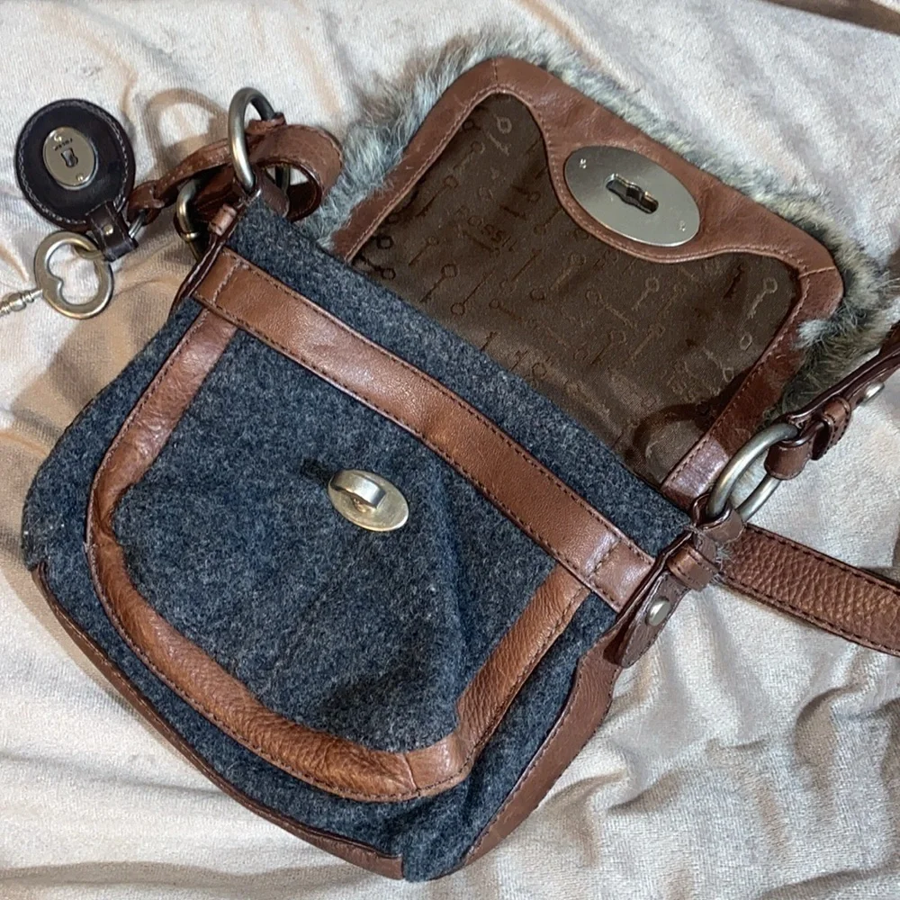 FOSSIL Vintage Maddox Faux Fur Gray Brown Crossbody Bag Saddle Bag